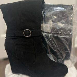 JustFab Black Heeled Boots with Buckle Detail